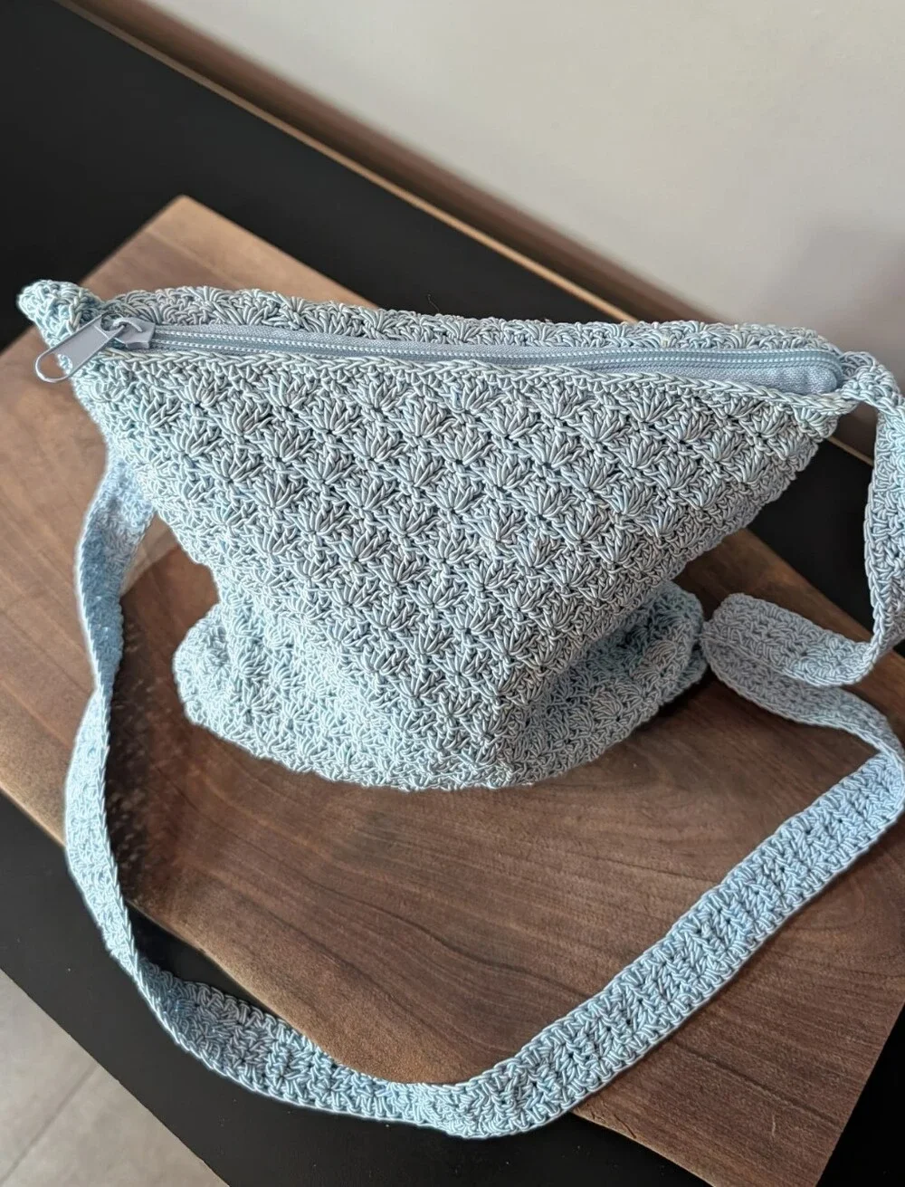Light Blue Crochet Crossbody Bag with Decorative Brooche